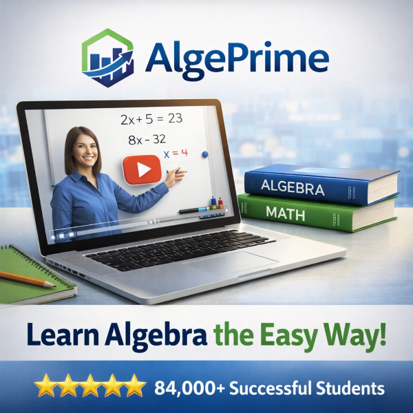 Student learning algebra online through AlgePrime video lessons on a laptop with math books and easy-to-follow equations.